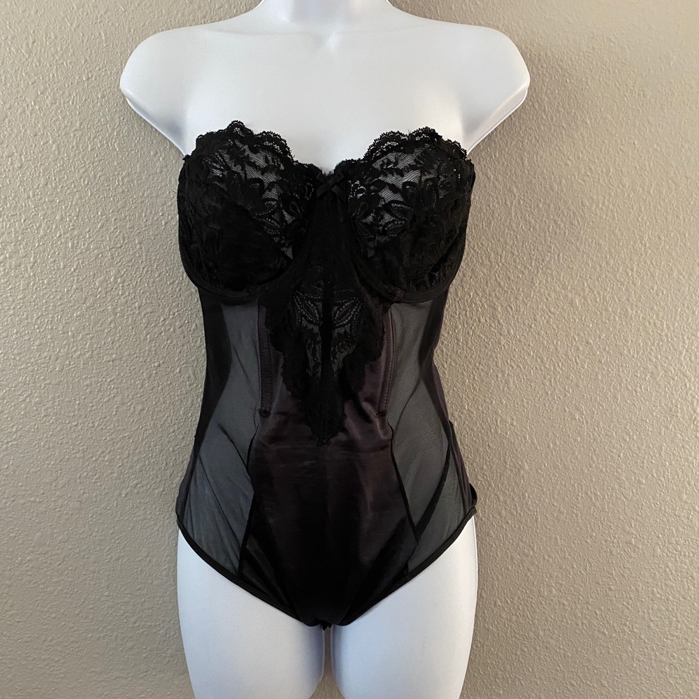 Vintage Black Bodysuit 36D Dark Feminine Romantic Slinky VTG Lace Mesh Sexy